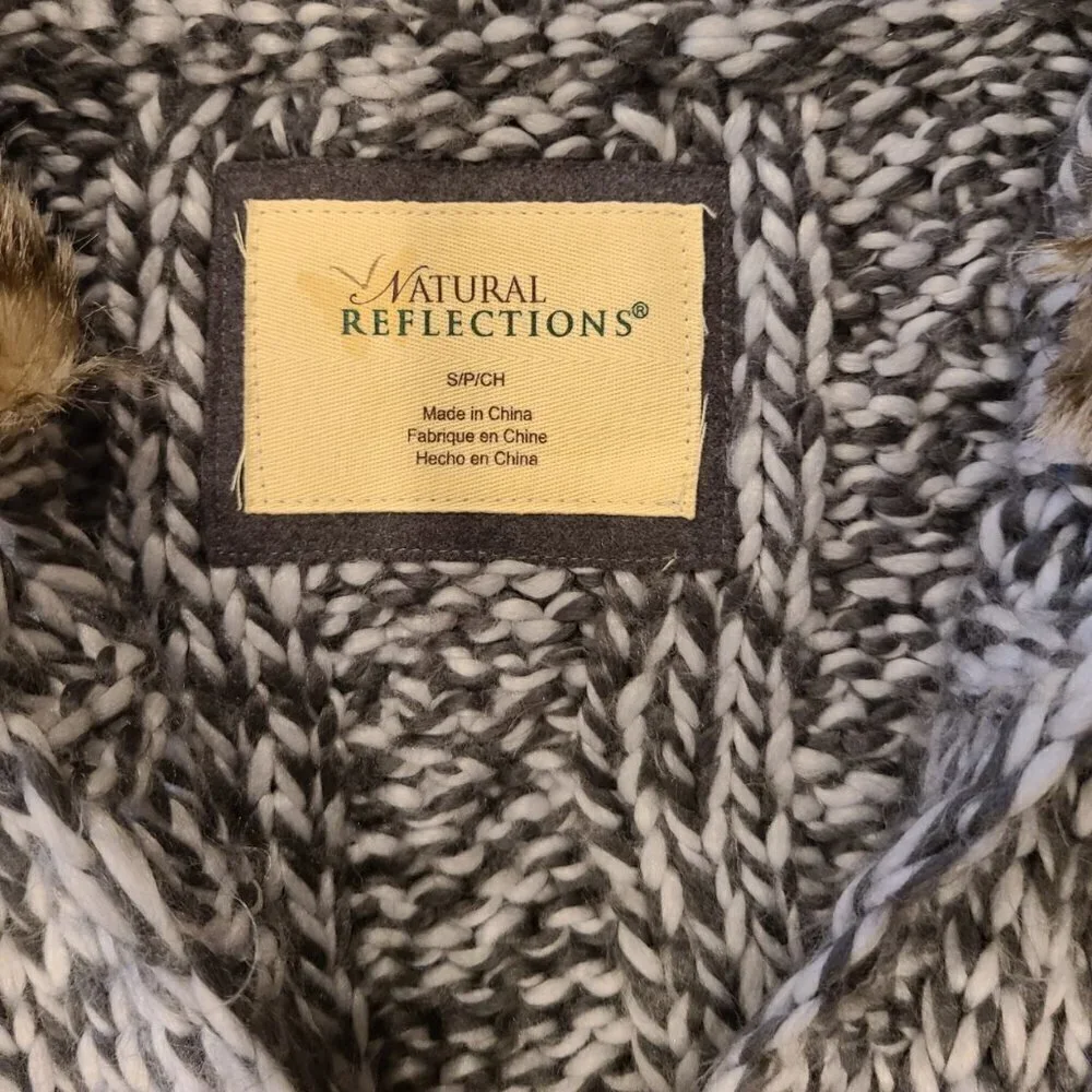 Natural Reflections Women's Hooded Cable Knit Vest Black White Fur Trim S
